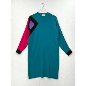 FRANCESCA OF DAMON FOR STARINGTON Vintage 80s Silk Dress Women 6 Blue Colorblock